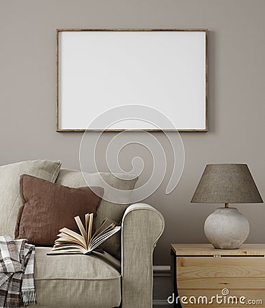 Frame mockup in home interior, living room in neutral colors with sofa, armchair and dry flower on table Stock Photo