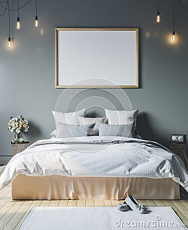 Cozy bedroom with empty poster frame. Frame mockup in interior. Stock Photo