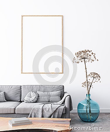 Frame mockup in interior living room design. Vertical poster on white background. Scandinavian style Stock Photo