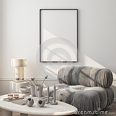 Frame mockup, ISO A paper size. Living room wall poster mockup. Interior mockup with house background. Modern interior design. Stock Photo