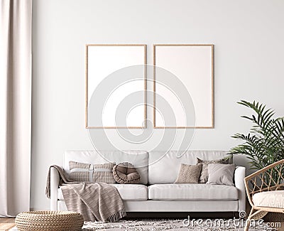 Frame mockup in living room design, two wooden frames in Scandinavian interior Stock Photo