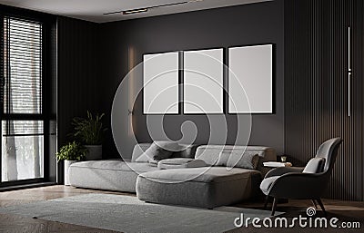 Frame mockup in luxury modern dark living room interior, empty wall mock up, 3d render Stock Photo