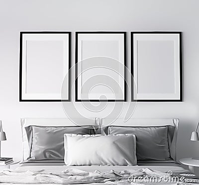 Frame mockup in modern bedroom design, three black frames on bright white wall Stock Photo