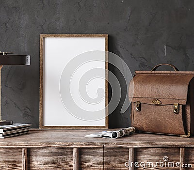 Frame mockup in modern industrial interior with leather furniture, luxury office Stock Photo