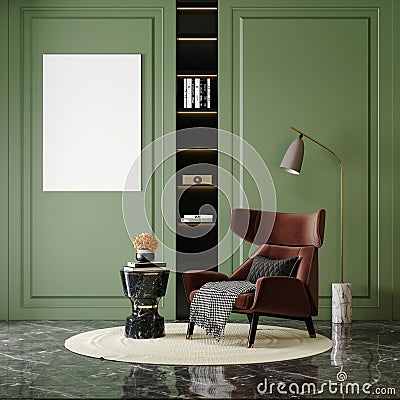 Frame mockup in modern living room design brown Armchair with green minimal background - 3d render Stock Photo