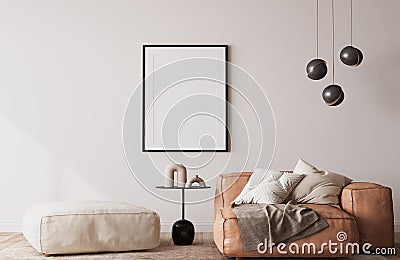 Frame mockup in modern living room design, brown leather sofa with black home accessories on white minimal background Stock Photo