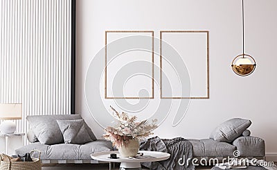 Frame mockup in modern living room design, gray sofa in white interior background Stock Photo