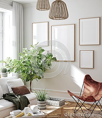 Frame mockup in Nordic living room interior background Stock Photo