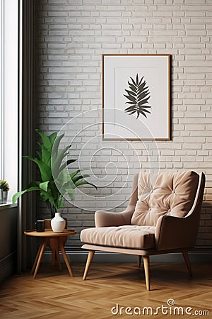 Frame mockup picture in home interior, armchair against brick wall Stock Photo