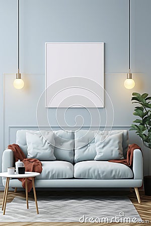 Frame mockup picture on light blue wall above couch, front view. Minimalist interior with blank white image. Concept of mock up, Stock Photo