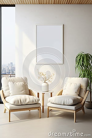 Frame mockup poster in home interior, armchairs against white wall Stock Photo