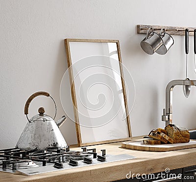 Frame mockup in Scandinavian kitchen interior Stock Photo