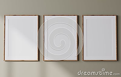 Frame mockup, three posters on green wall interior background, minimal design Stock Photo