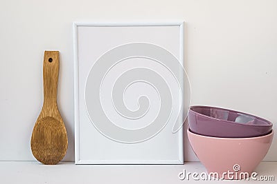 Frame mockup on white background, colorful ceramic bowls, wood spoon, styled image for social media Stock Photo