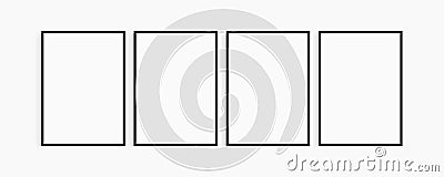 Frame mockup 5x7, 50x70, A4, A3, A2, A1. Set of four thin black frames. Gallery wall mockup, set of 4 frames. Stock Photo