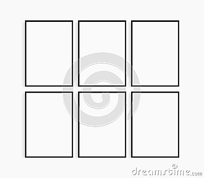 Frame mockup 5x7, 50x70, A4, A3, A2, A1. Set of six thin black frames. Gallery wall mockup, set of 6 frames. Stock Photo