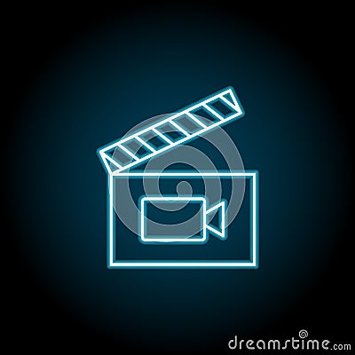Frame movie, clapperboard blue neon icon. Simple thin line, outline vector of cinema icons for ui and ux, website or mobile Stock Photo