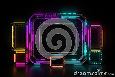 frame neon multy colored lamps on the dark black smoke background, Generative AI Stock Photo