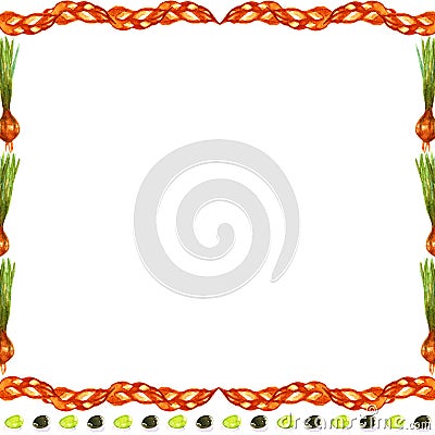 Frame orangery leaves vegetables onion olives food cooking vegetarianism healthy diet diet fresh elements nature ornament decorati Stock Photo