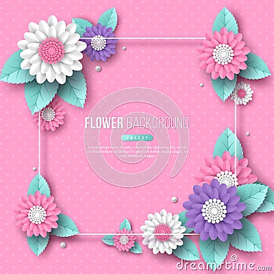 Frame with paper cut 3d flower in pink, white and violet colors. Place for text, dotted pattern. Decorative elements for Vector Illustration