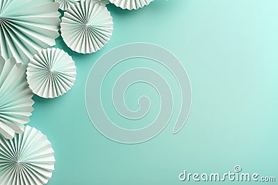Frame Of Paper Fans On Soft Aqua Color Background, Empty Space. Generative AI Stock Photo