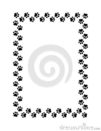 Frame paw pattern. Cute rectangle border dog or cat. Black footprint boarder isolated on white background. Mark traces frames Vector Illustration