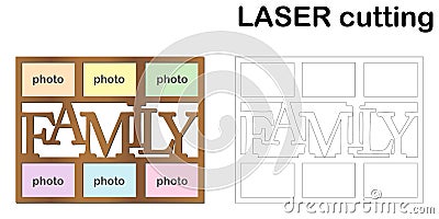 Frame for photos with inscription `Family` for laser cutting. Collage of photo frames. Template laser cutting machine Vector Illustration