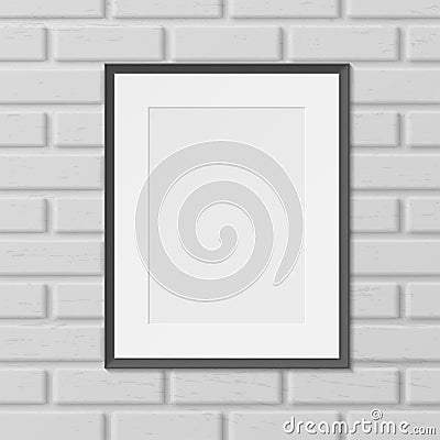 Frame for picture, photo on brick wall realistic blank template. Passepartout vertical empty mock up. Vector Illustration