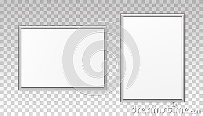Frame picture photo. Silver mockup on wall. Mock up framed. Modern blank boarder with shadow. Realistic empty photoframe a4 isolat Vector Illustration