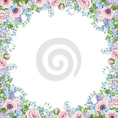 Frame with pink, blue and purple flowers. Vector illustration. Vector Illustration