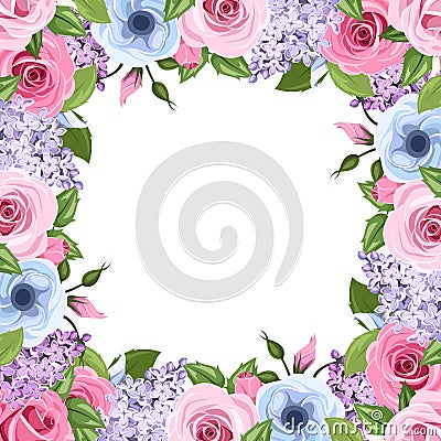 Frame with pink, blue and purple roses, lisianthus and lilac flowers. Vector illustration. Vector Illustration