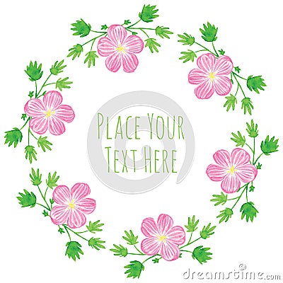 Frame pink delicate flowers with leaves garland Vector Illustration