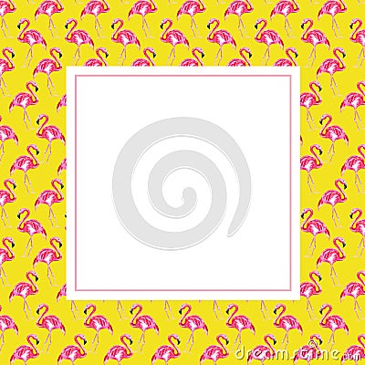 Frame with pink flamingo on a yellow background. Cartoon Illustration