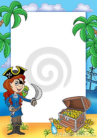 Frame with pirate girl and treasure 2 Cartoon Illustration