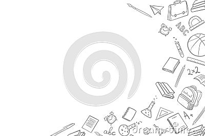 Place for text with school elements on return to school in the doodle style on a white background. Vector illustration Cartoon Illustration