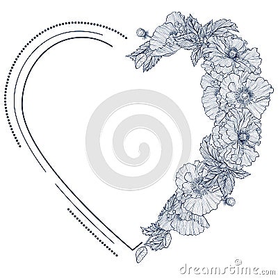 Frame with poppies in the shape of heart Vector Illustration