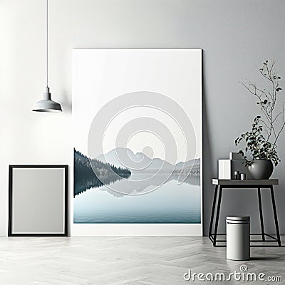 Frame poster mockup in home interior, diamond-studded lake of serenity AI Generaion Stock Photo