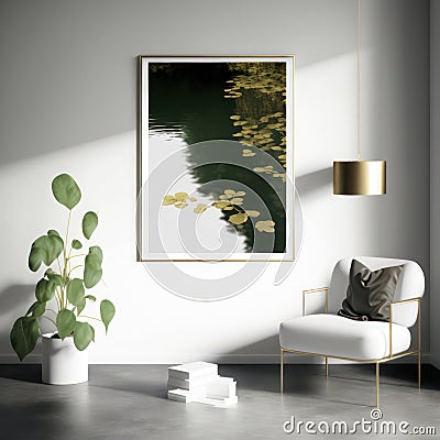 Frame poster mockup in home interior, magenta clouds and midnight moon AI Generaion Stock Photo