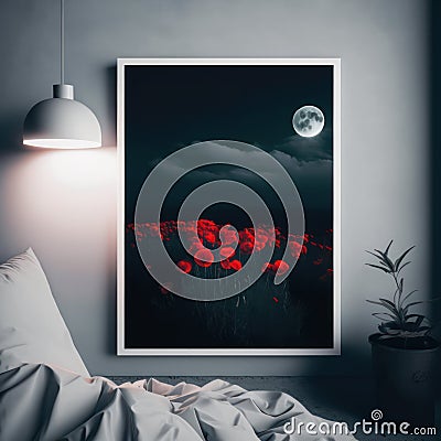 Frame poster mockup in home interior, moonlit sky over a field of poppies AI Generaion Stock Photo