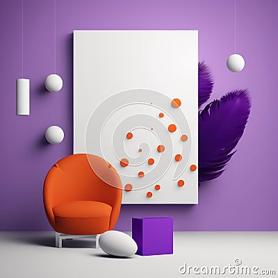 Frame poster mockup in home interior, orange feathers and purple circles, red pebbles and purple cubes AI Generaion Stock Photo