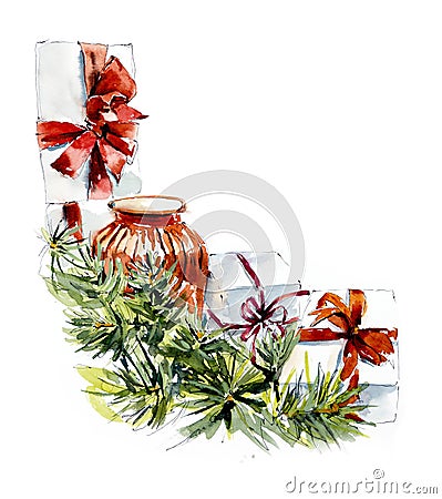 Frame with a red vase, gifts and fir-tree branches Stock Photo