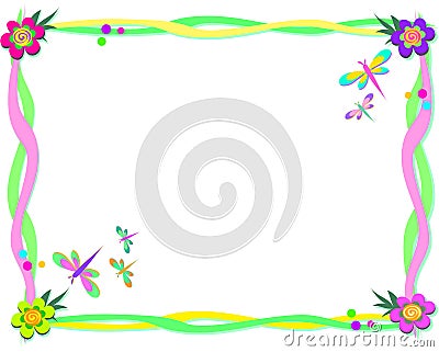 Frame of Ribbons, Spiral Flowers, and Dragonflies Vector Illustration
