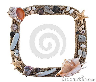 Frame of rope with seashells, starfish. Stock Photo