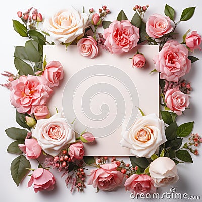 Frame of roses, set of roses and flowers floral wreath or picture invitation greeting card mockup with empty blank space Stock Photo