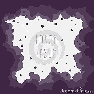 Frame with sample text. Abstract clouds. Shades of purple. Bubbles, circles. Stock Photo