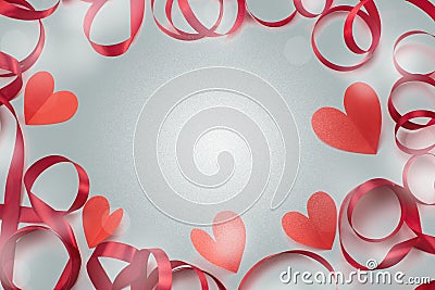 Frame of satin red ribbon heart gray background concept of Valentine's day Stock Photo