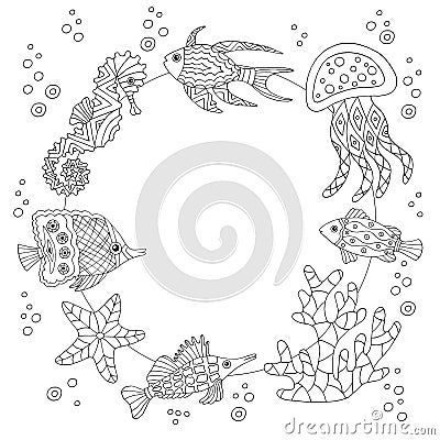 Frame with sea fish, coloring page Stock Photo