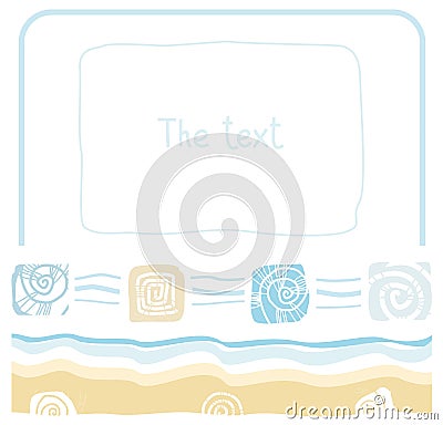 Frame, sea, ocean, beach, sand, shell, shellfish, color, flat. Vector Illustration