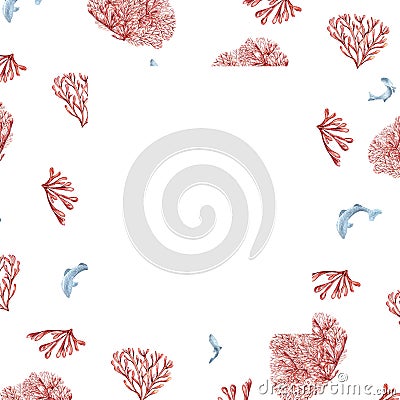 Frame of sea plants, coral watercolor isolated on white background. Pink agar agar seaweed and fish hand drawn. Design Stock Photo