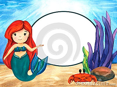 Frame. Seascape, stones, cute mermaid, crab and violet seaweed. Seabed ocean, underwater landscape background with Cartoon Illustration
